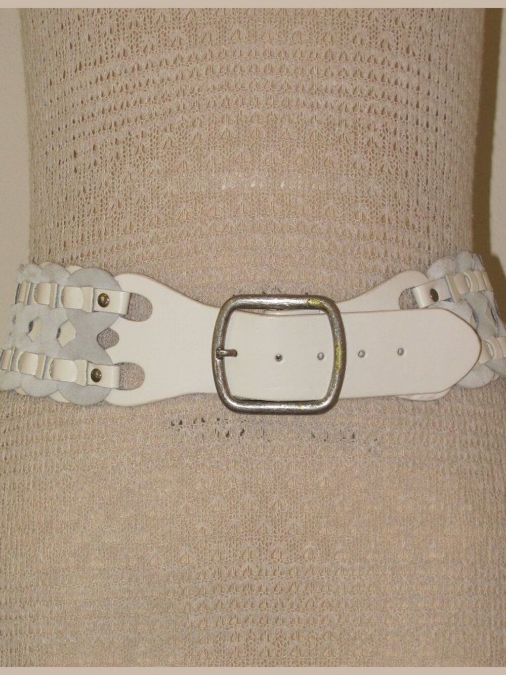 White and gray leather wide belt